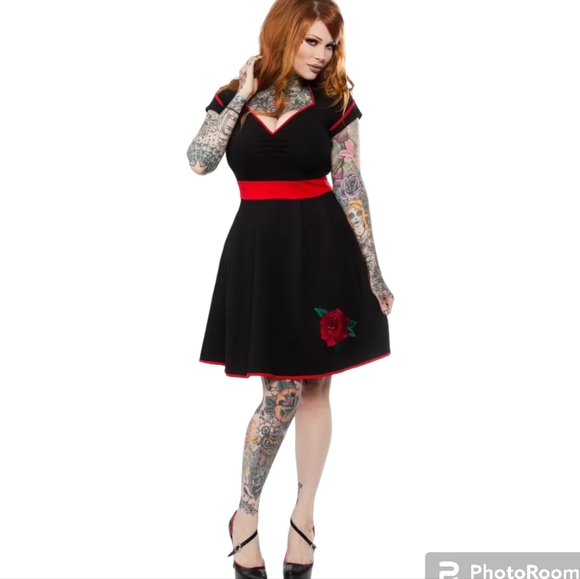 SOURPUSS Dollface Black With Red Rose Detail & Trim (S) - Picture 2 of 14